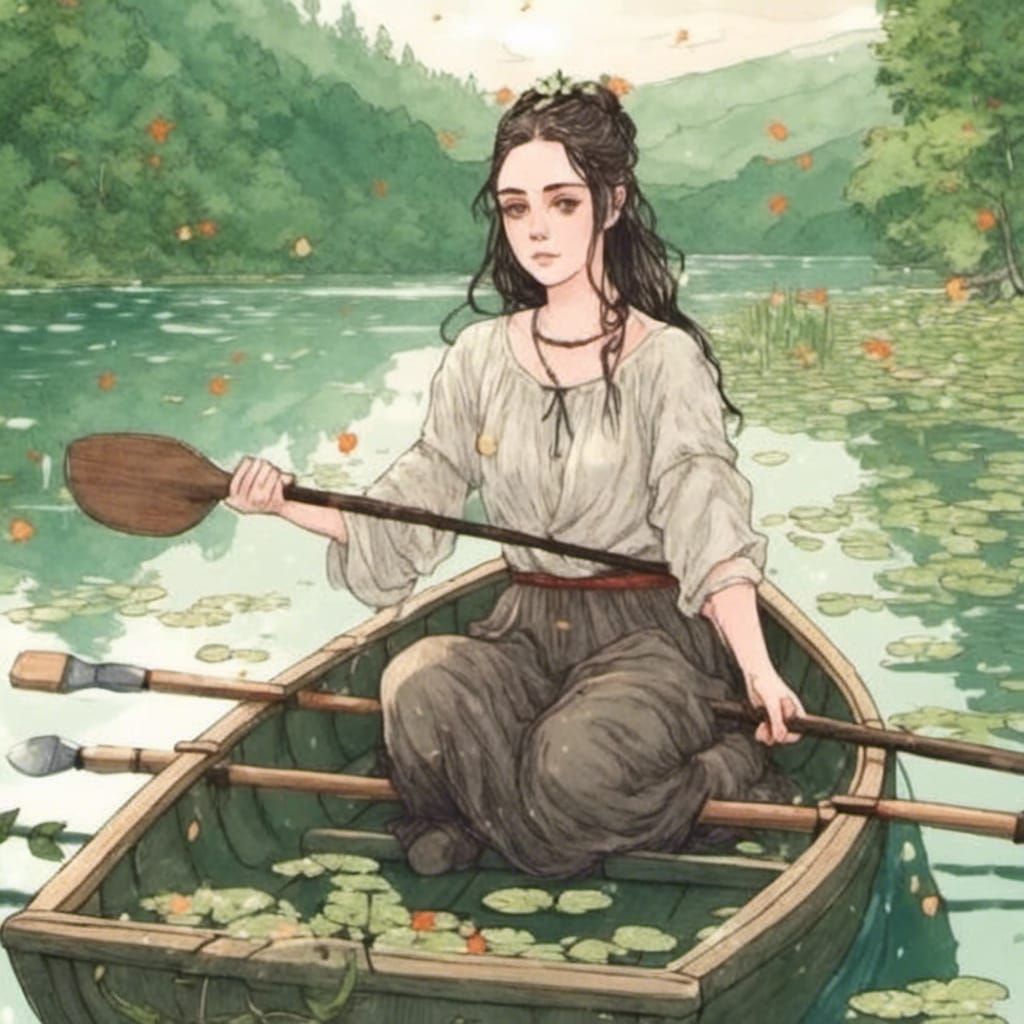 waist-up portrait of <lora:Natalie Face:1.0> in a row boat o...