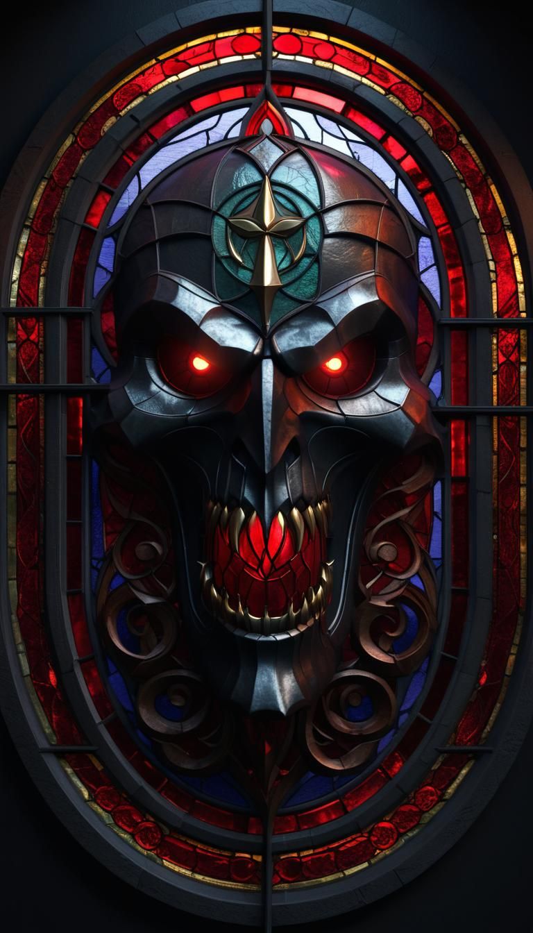 Red stained glass window with an evil face