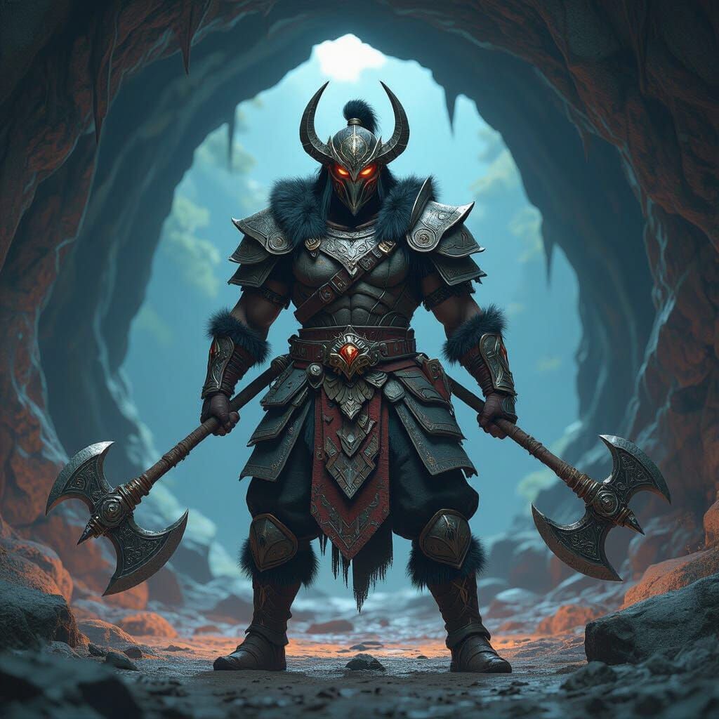 Ancient Warrior with Tribal Mask and Axes