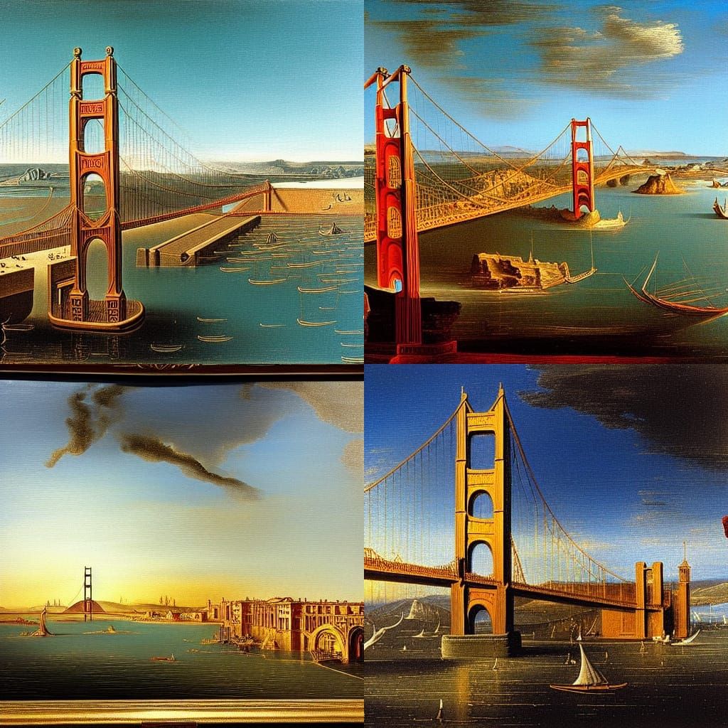Salvador Dali painting, Canaletto painting, Golden Gate Brid...