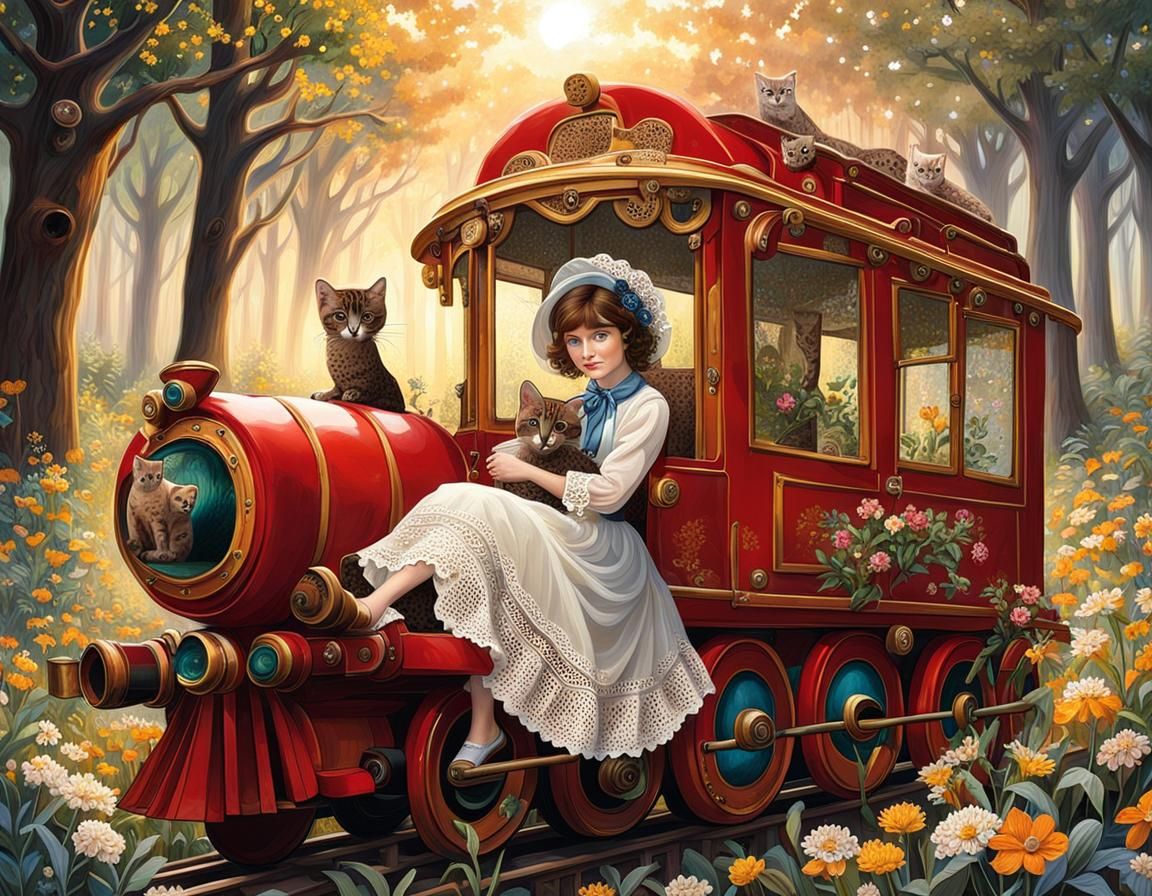 A little brunette girl, dressed in brown broderie anglaise, in a red toy train, holding a blue basket containing a Burmese kitten on her lap...