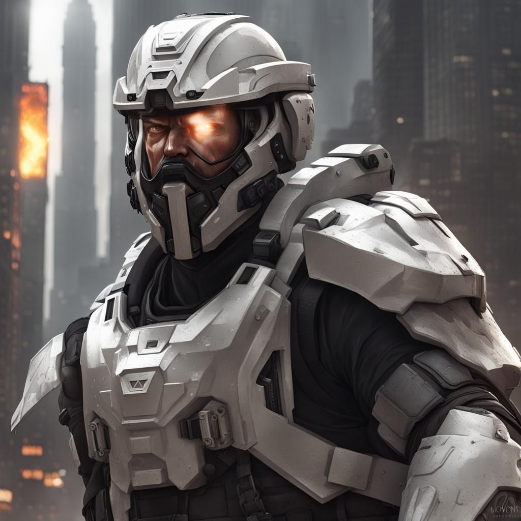 Male soldier heavy armored riot control in dystopian city wh...