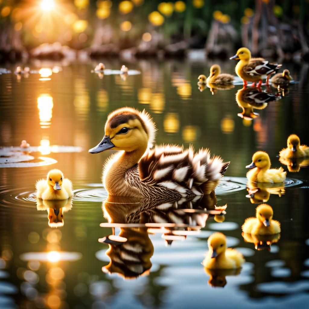 A cute baby duck on a magical lake, surrounded by older duck...