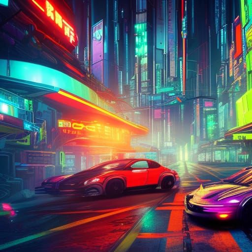 cyberpunk city, neon, flying cars, shops - AI Generated Artwork ...