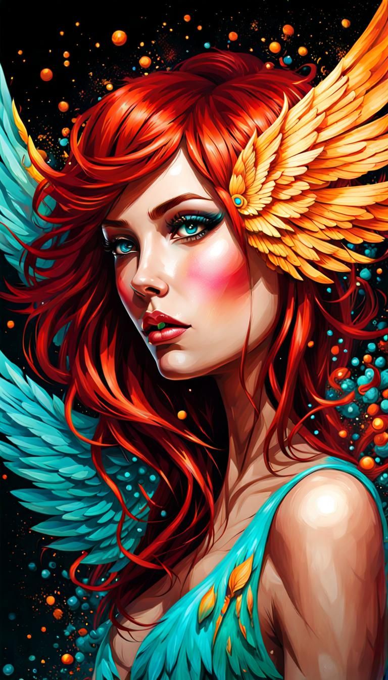 Fire Sprite. Auburn Hair. Turquoise eyes. Sheer wings  graff...