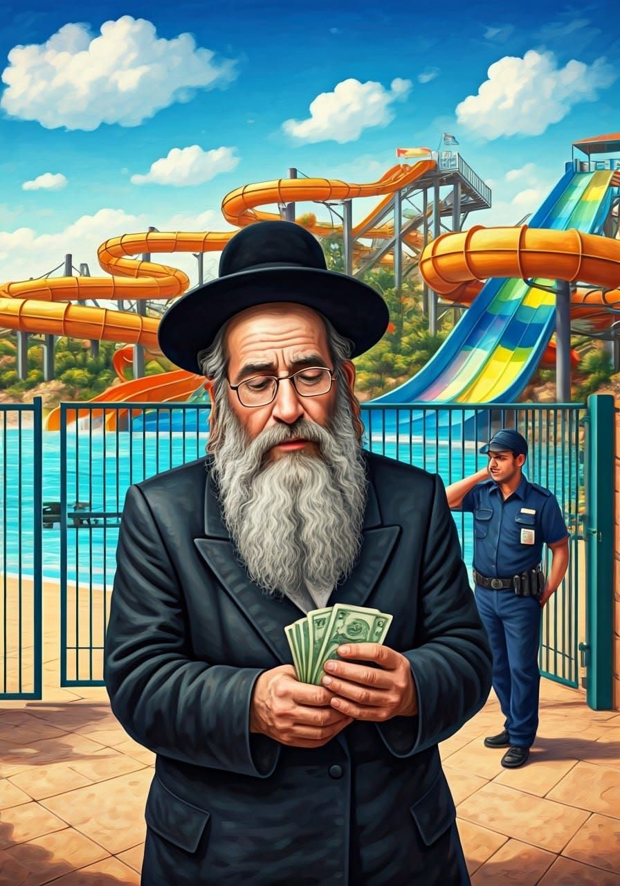 Rabbi Surveys Water Park Entrance with Concerned Expression
