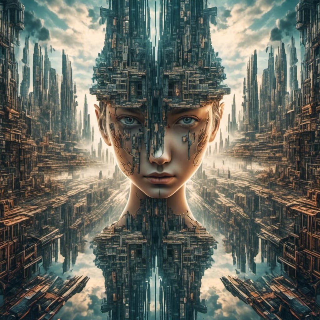 <lora:HeadSpace:1.0>  Face juxtaposed over city ; cyberpunk dreamscape double exposure; endless recursive vision tunnel of infinite possibil...
