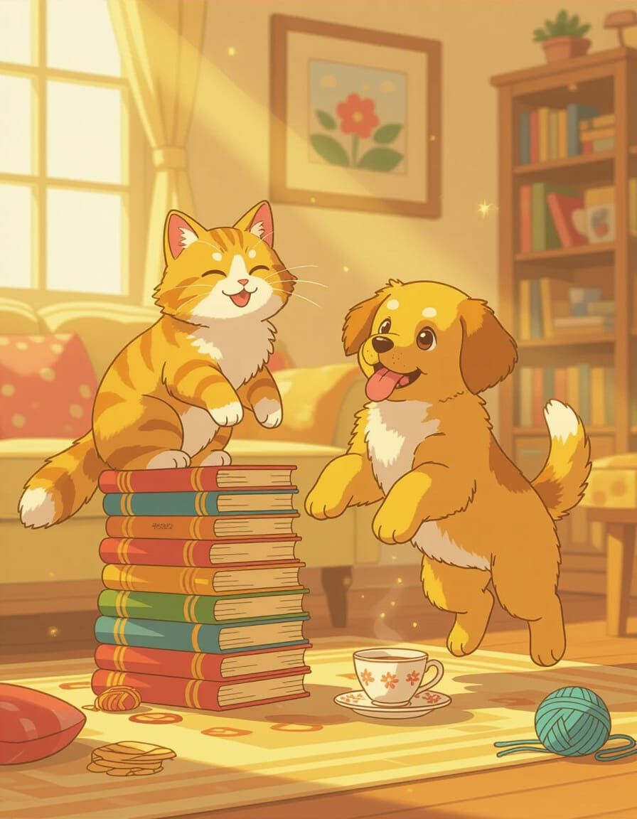 Fluffy Cat Leaps on Books with Grinning Dog
