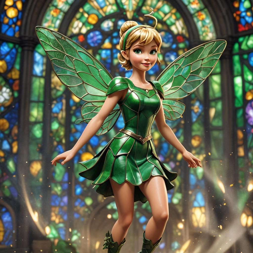 Tinkerbell figure, green leather dress, stained glass wings ...