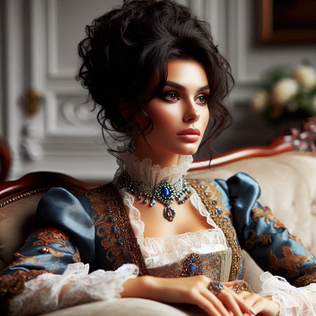 a young vibrant dark haired aristocratic woman sitting on a sofa