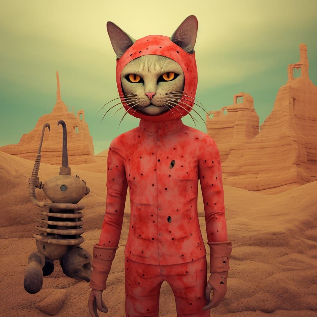 Surreal cat people on Mars. in Gouache Style, Watercolor, Museum Epic Impressionist Maximalist Masterpiece, Thick Brush Strokes, Impasto Gou...