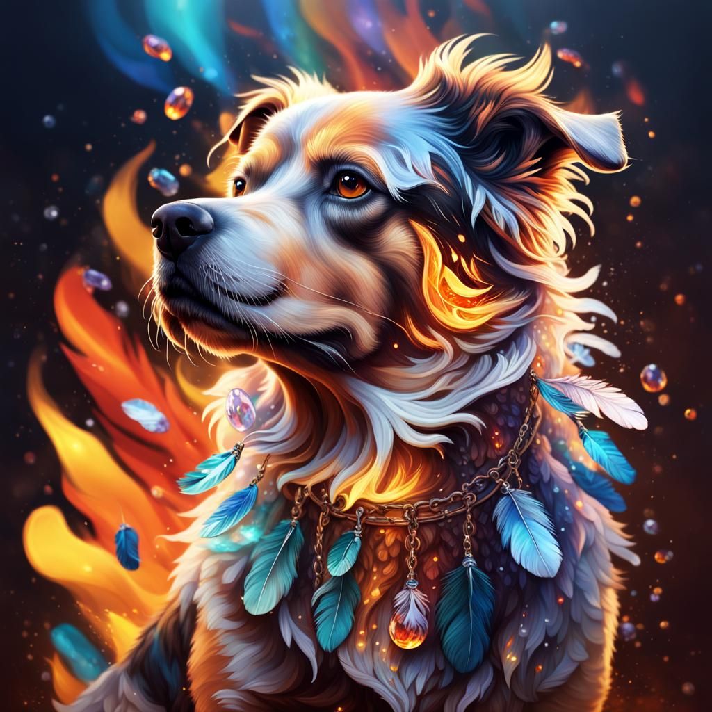 Cascading crystal ribbons made of glass, feathers and fire a...