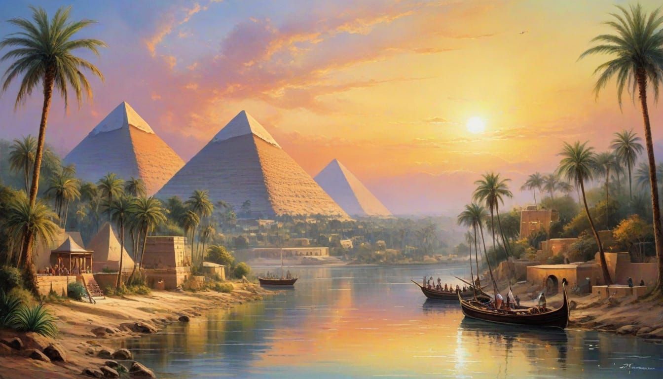 Surreal Watercolor Painting of Ancient Egypt Nile Pyramids
