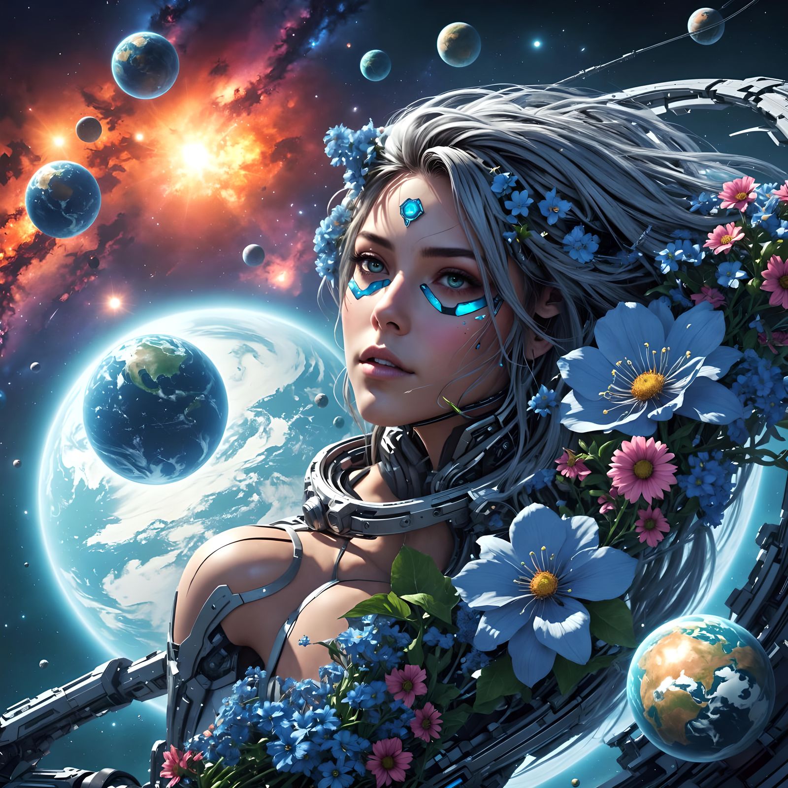 sci-fi girl , metal sci-fi flowers, earth planet in  backgro...