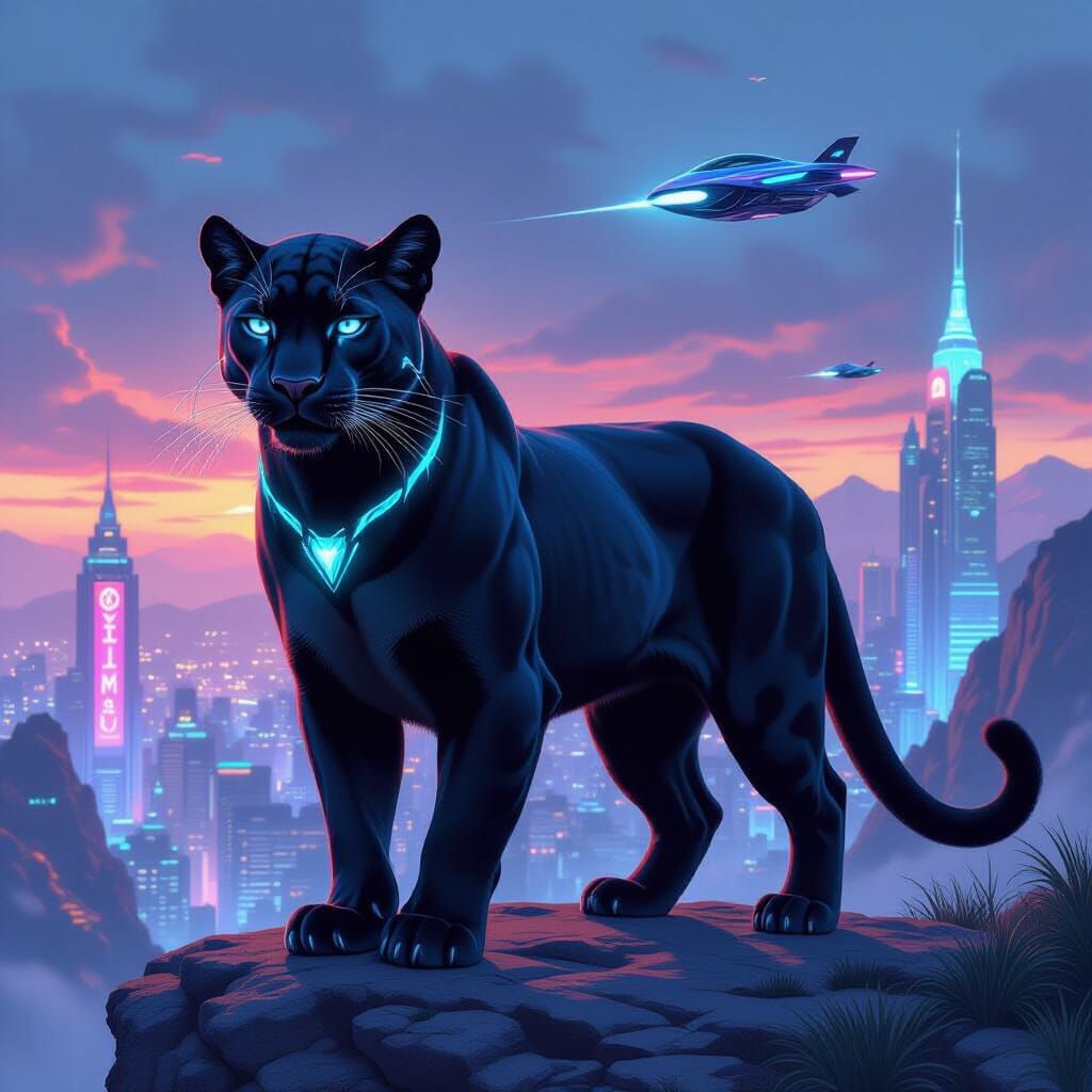 Bioluminescent Panther Overlooking Futuristic Cityscape