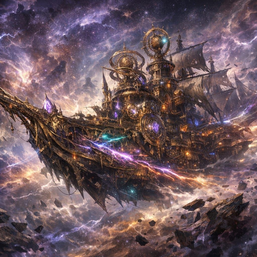 A huge, crazy aetherpunk warp ship, flying through the Warp.