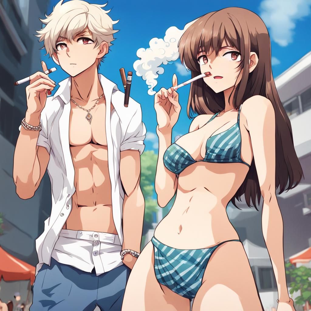create a cartoon of two stylish boys smoking with women in b...