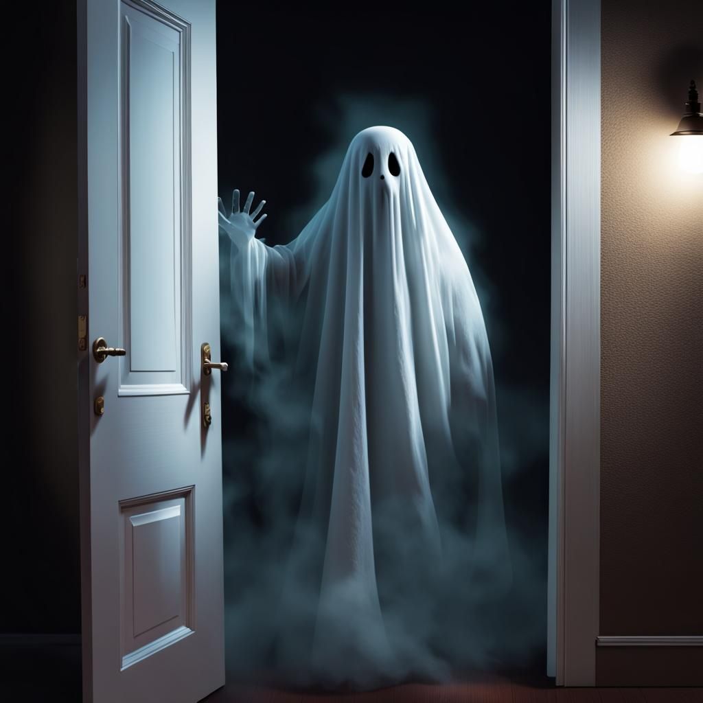 ghost knocking on door.  seen from the outside. The ghost is...