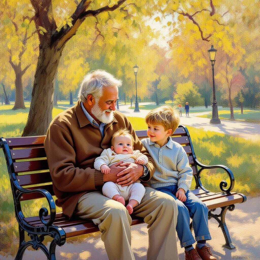 Grandfather and Grandchildren on Park Bench