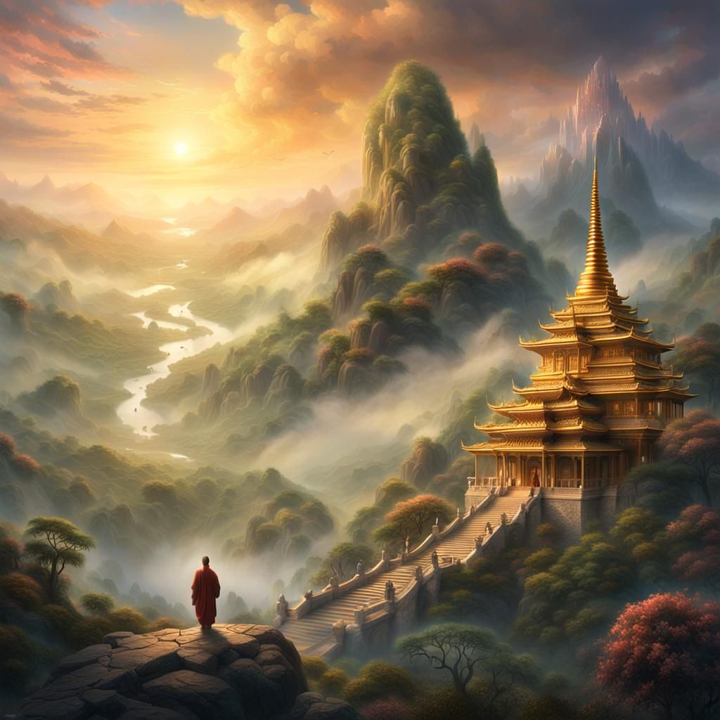 Subhuti and Buddha in Ethereal Mountain Landscape