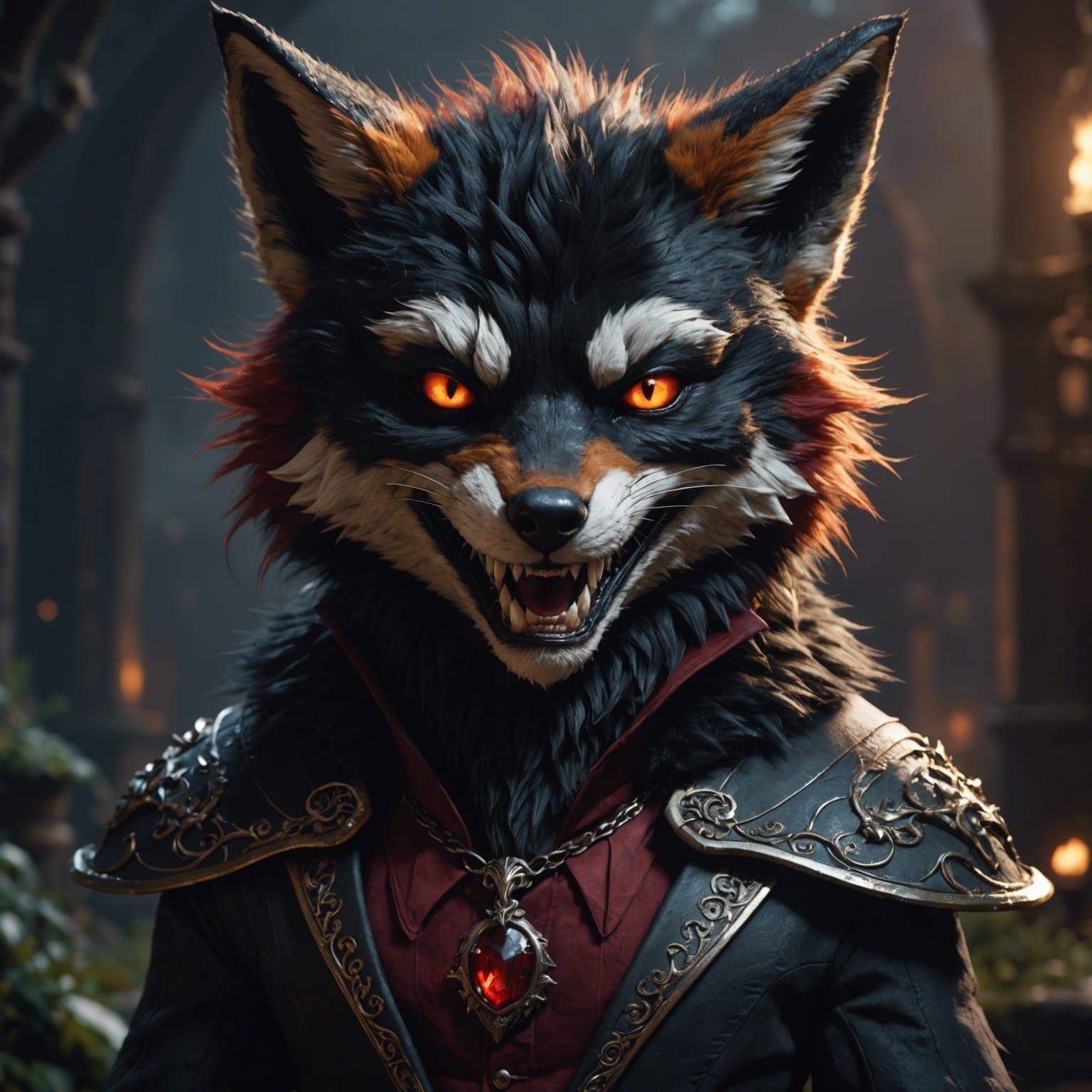 black furred humanoid vampire fox  smiling gently showing hi...
