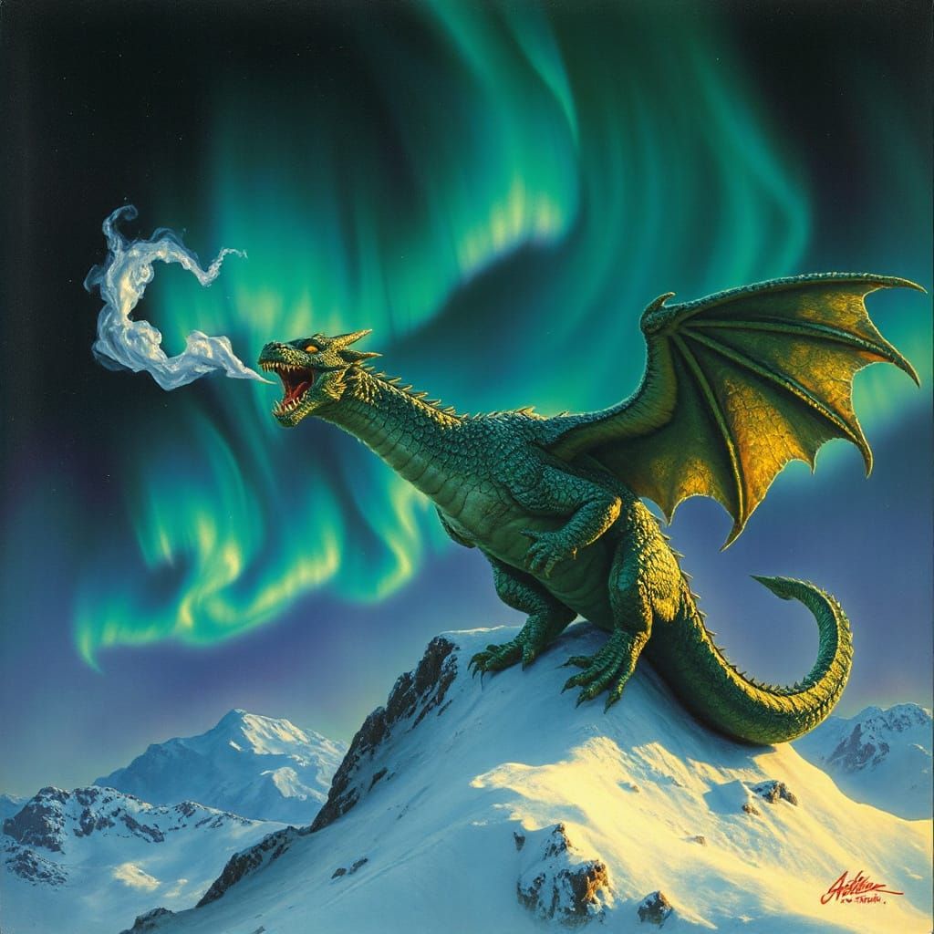 Dragon Roaring on Snowy Peak Under Aurora Borealis