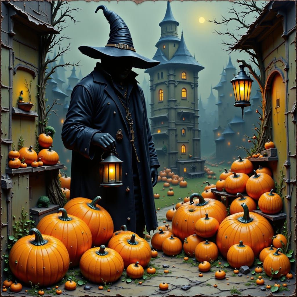 Dullahan The Headless Horseman selling gourds, pumpkins and jack-o-lanterns at a farmstall on the Eve of Halloween. <lora:CircularCirca:1.0>...