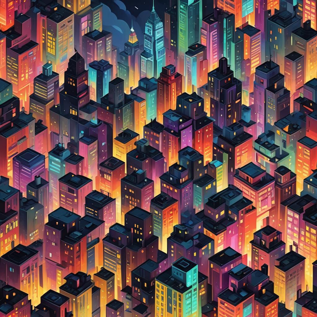 multi colored bright neon skyscraper buildings stormy sky an...