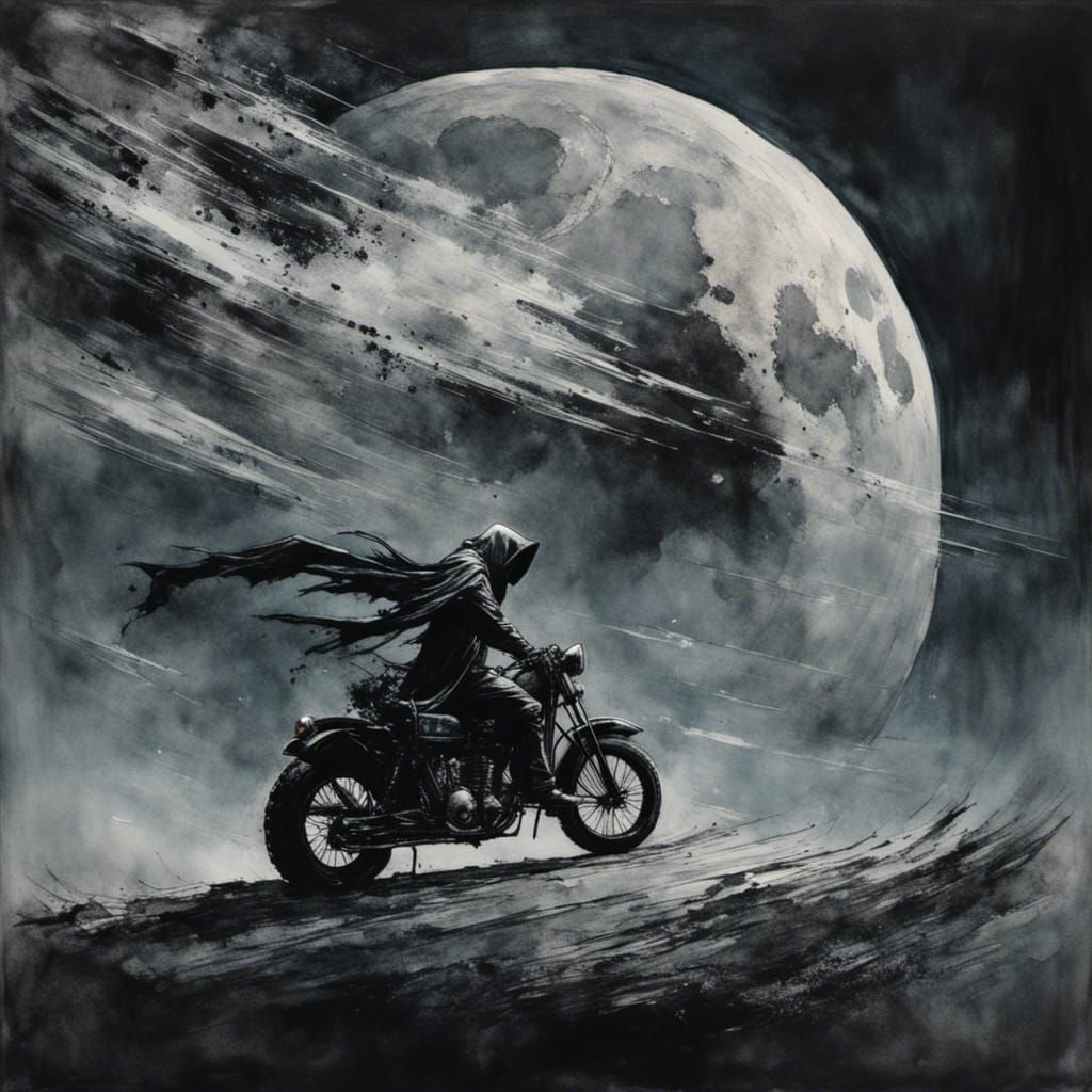 The grim reaper riding a motorbike on the moon <lora:Exp8:1.0> 