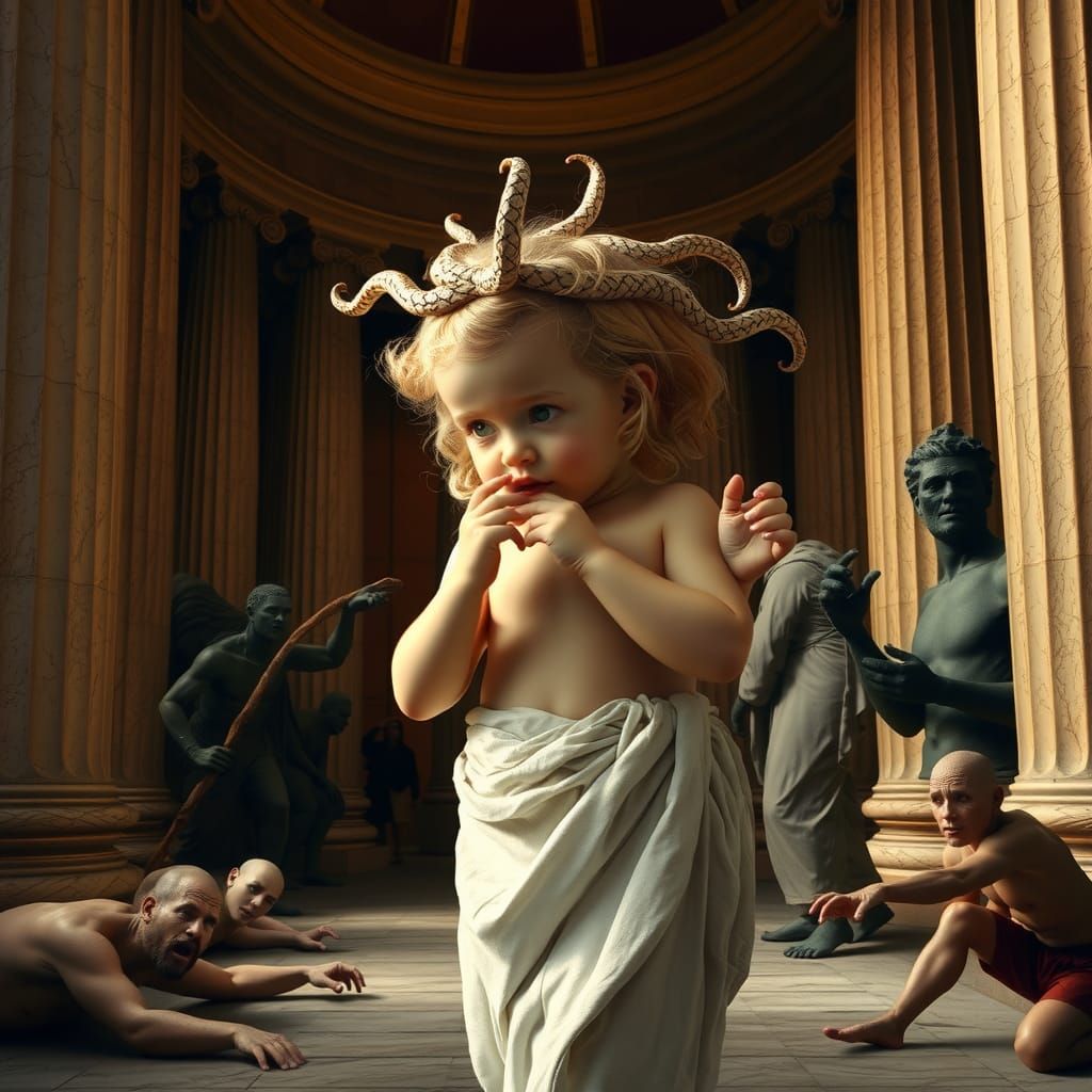 Medusa as a baby turning adults to stone.