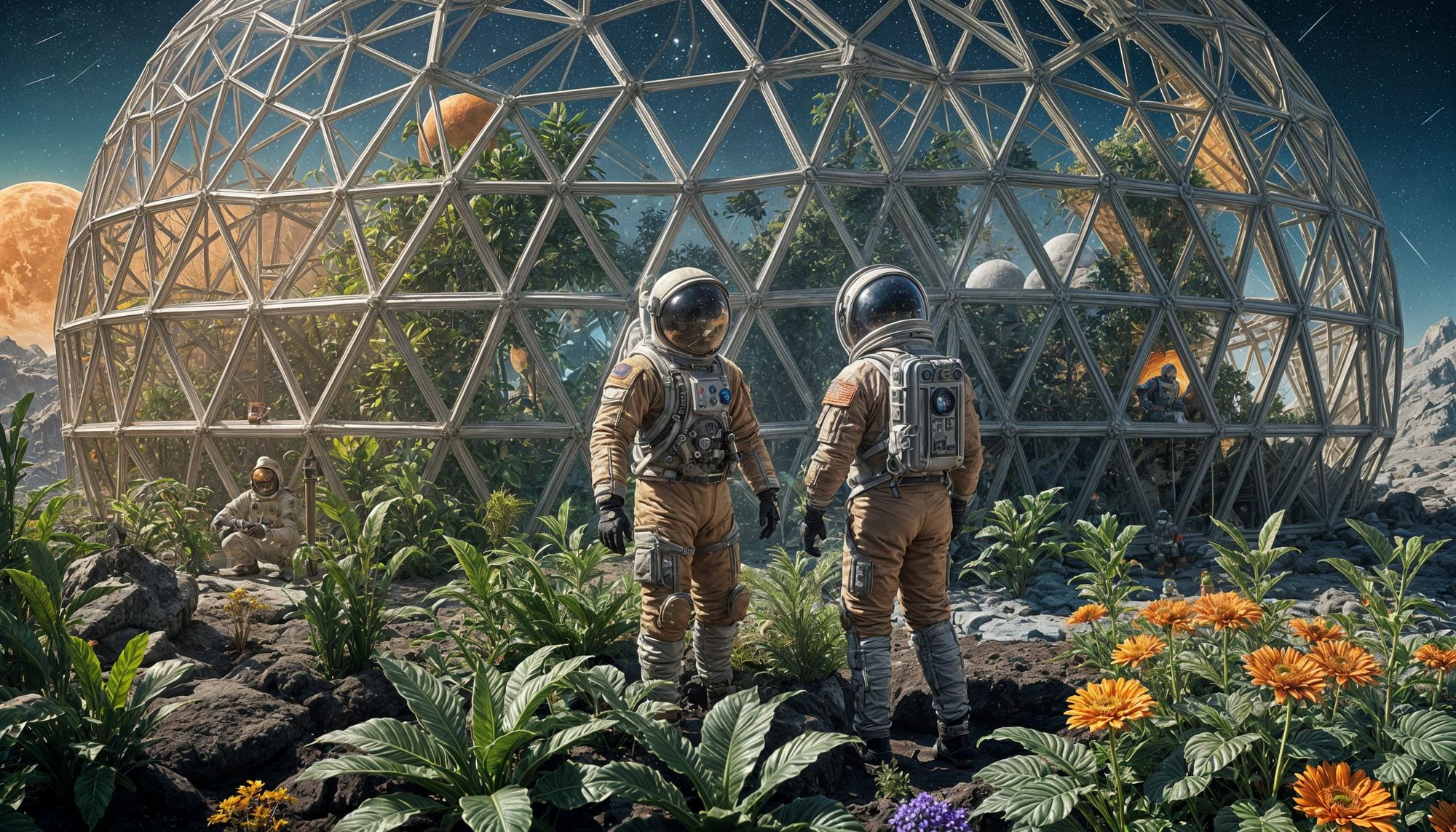One man in a spacesuit tending to plants inside a geodesic dome on the moon. We can see stars in the sky. 