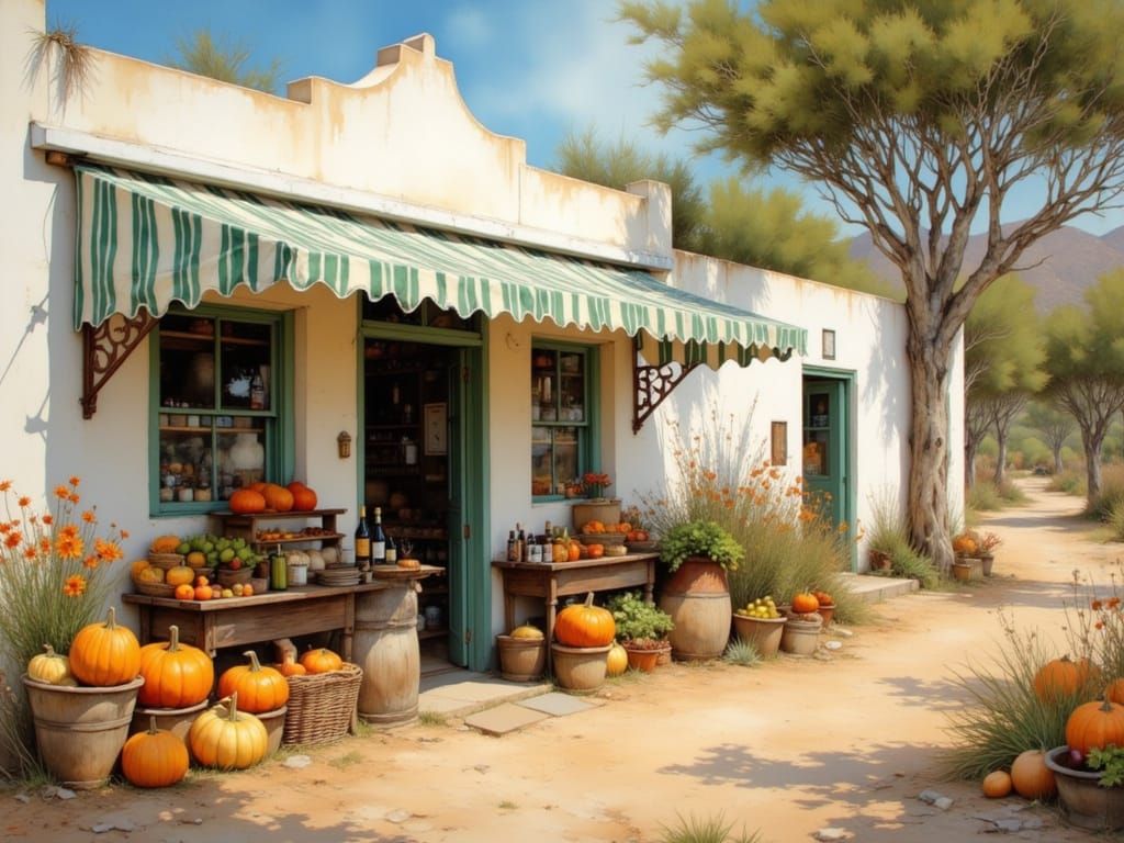 <lora:Africa - Karoo:1.0><lora:Flux - Painterly:1.0>Painterly ol-painting image of a charming Cape vernacular style Karoo farmstall with a w...
