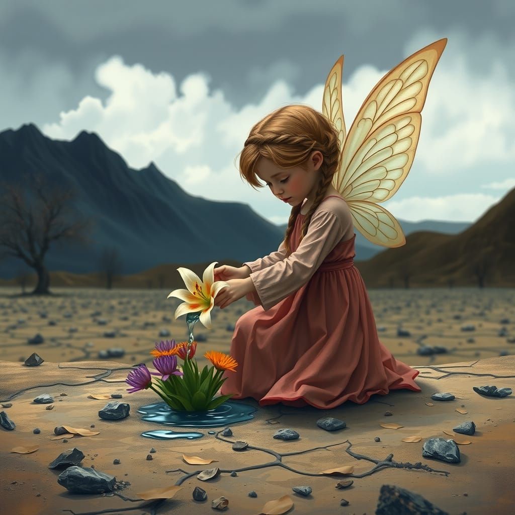 Fairy Watering Flowers in Barren Landscape