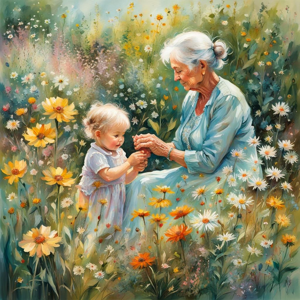 Grandmother with her cute little grandchild in a beautifully...