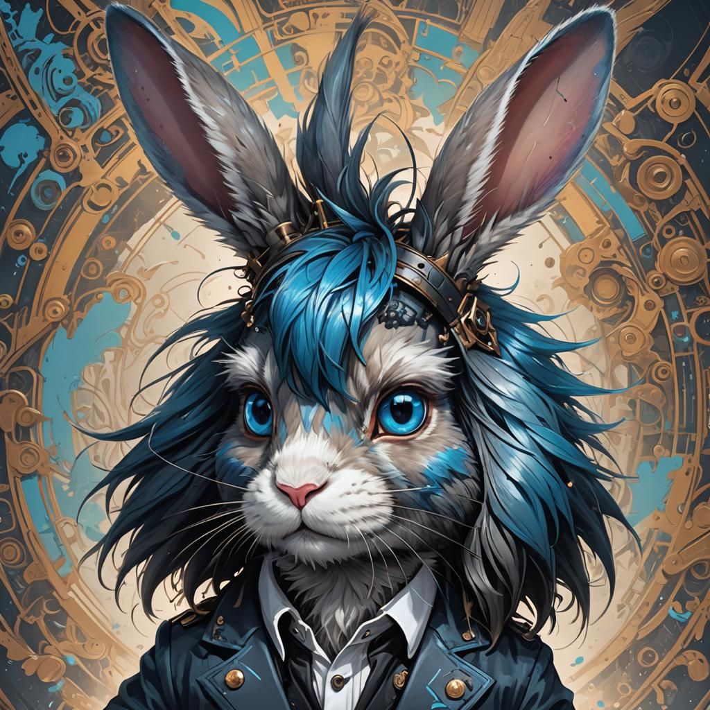 Blue eyed handsome long haired emo rabbit in a punk suit