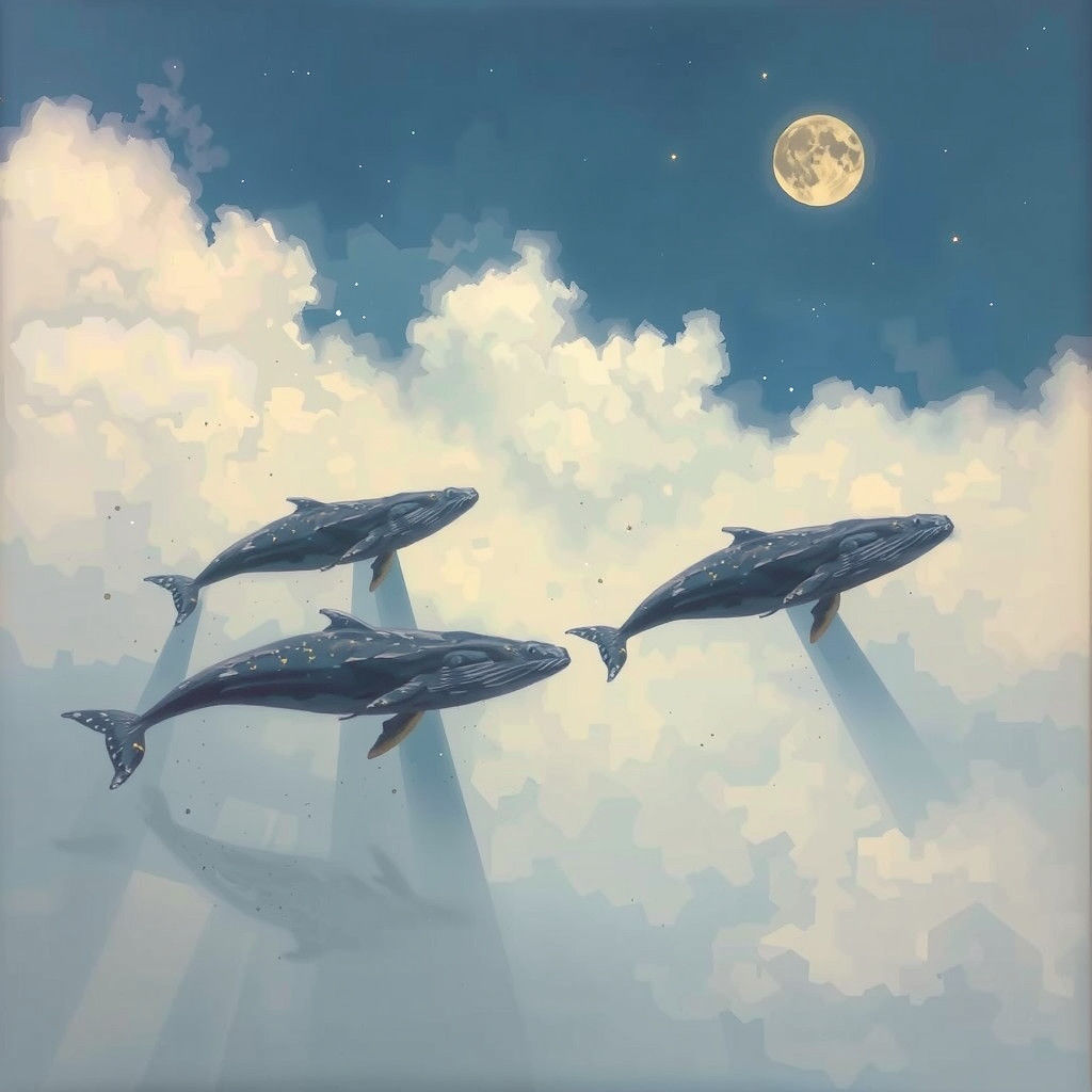 Whales Soaring in Cloudy Sky Oil Painting