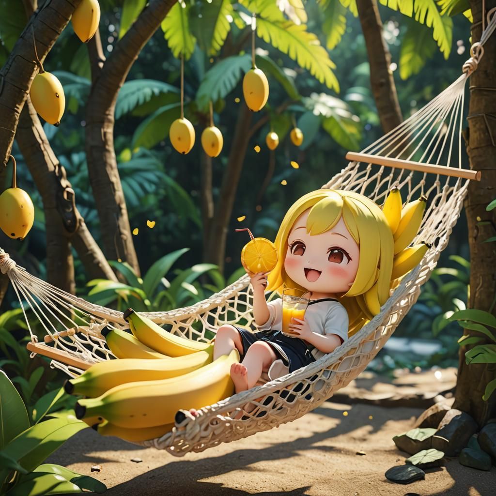 "Cute chibi banana fruit lying in a hammock, drinking a flam...