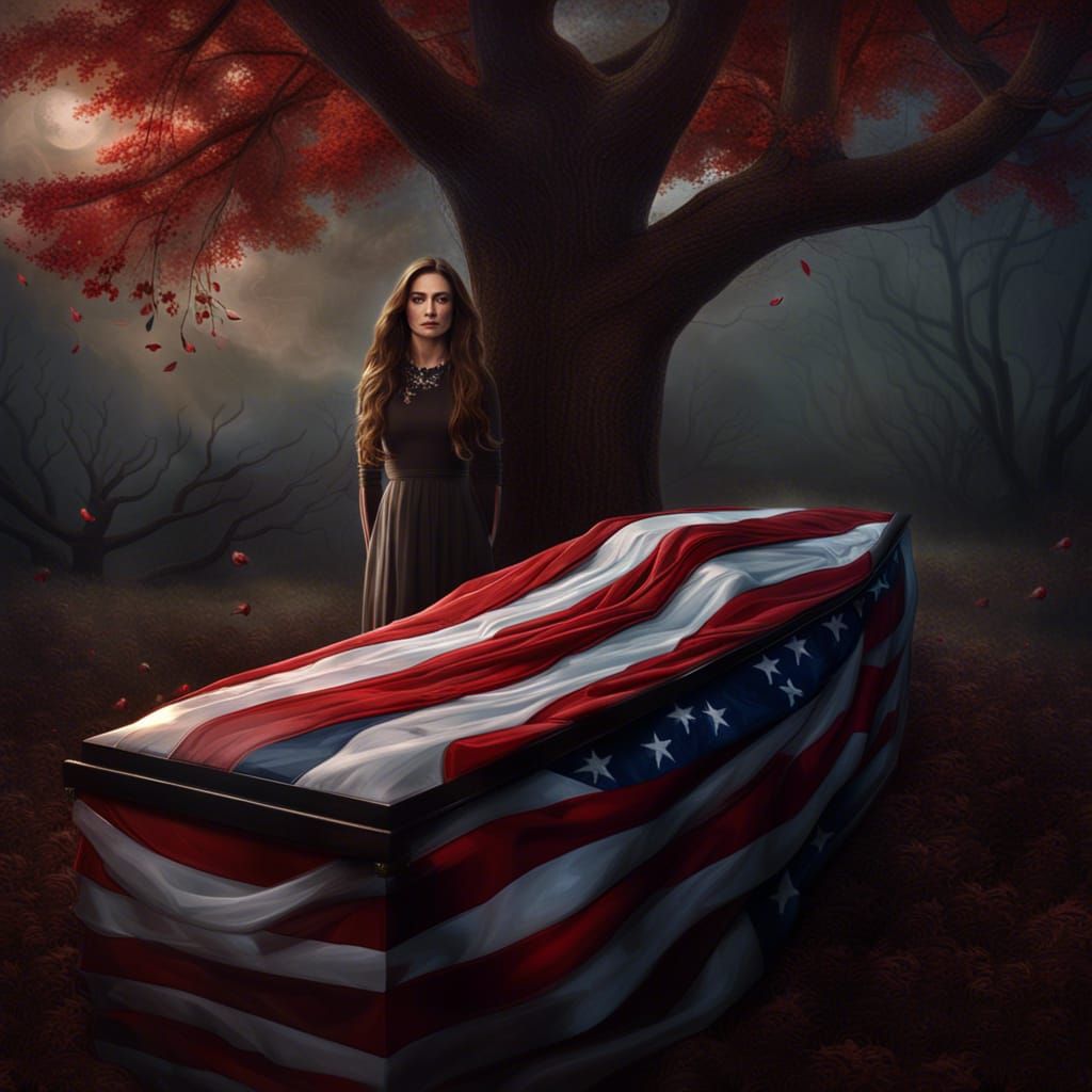 coffin draped in the American flag. A woman is standing beside it with ...