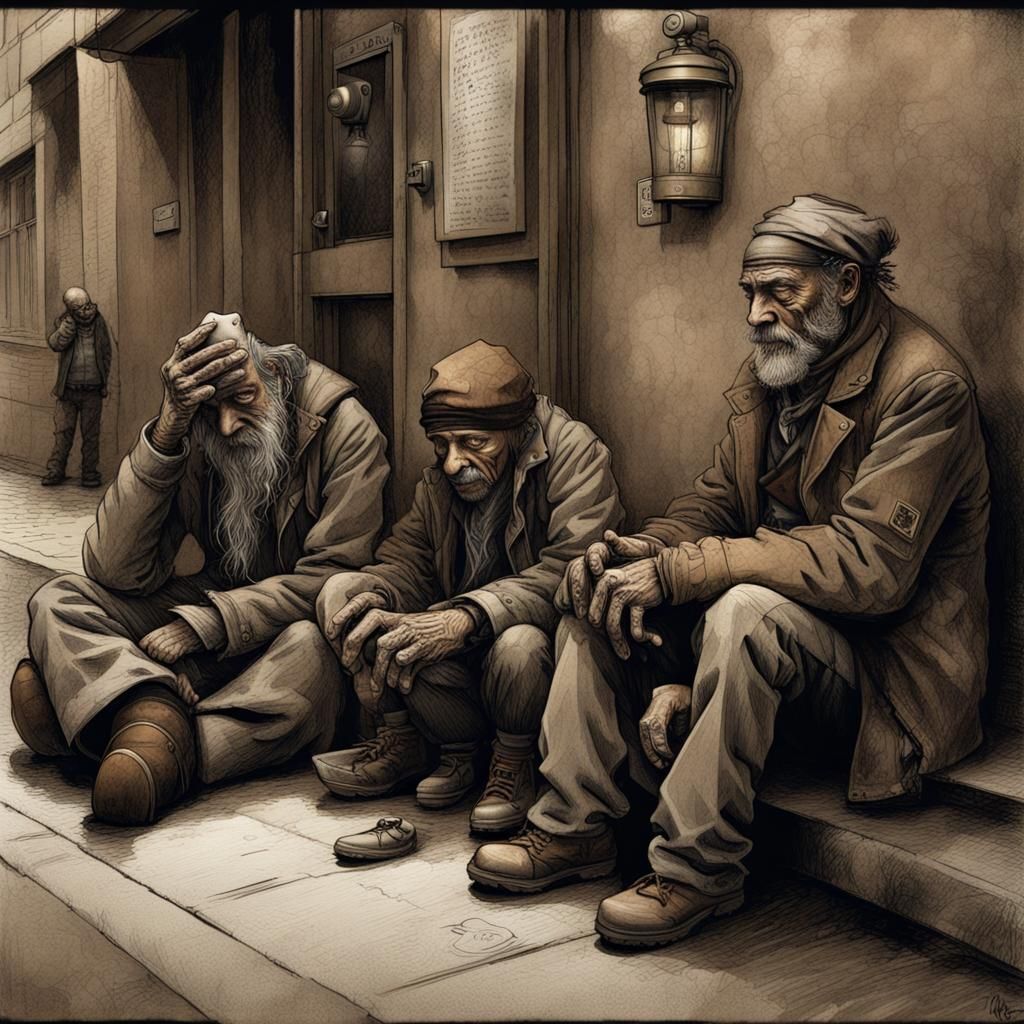 steampunk homeless people begging on the street