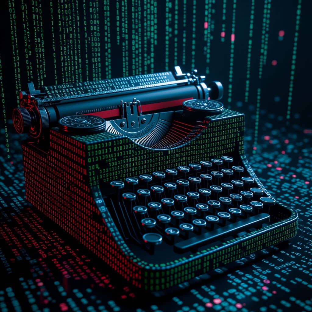 An old typewriter formed out of falling lines of code, Matrix movie style.  by @Physarium