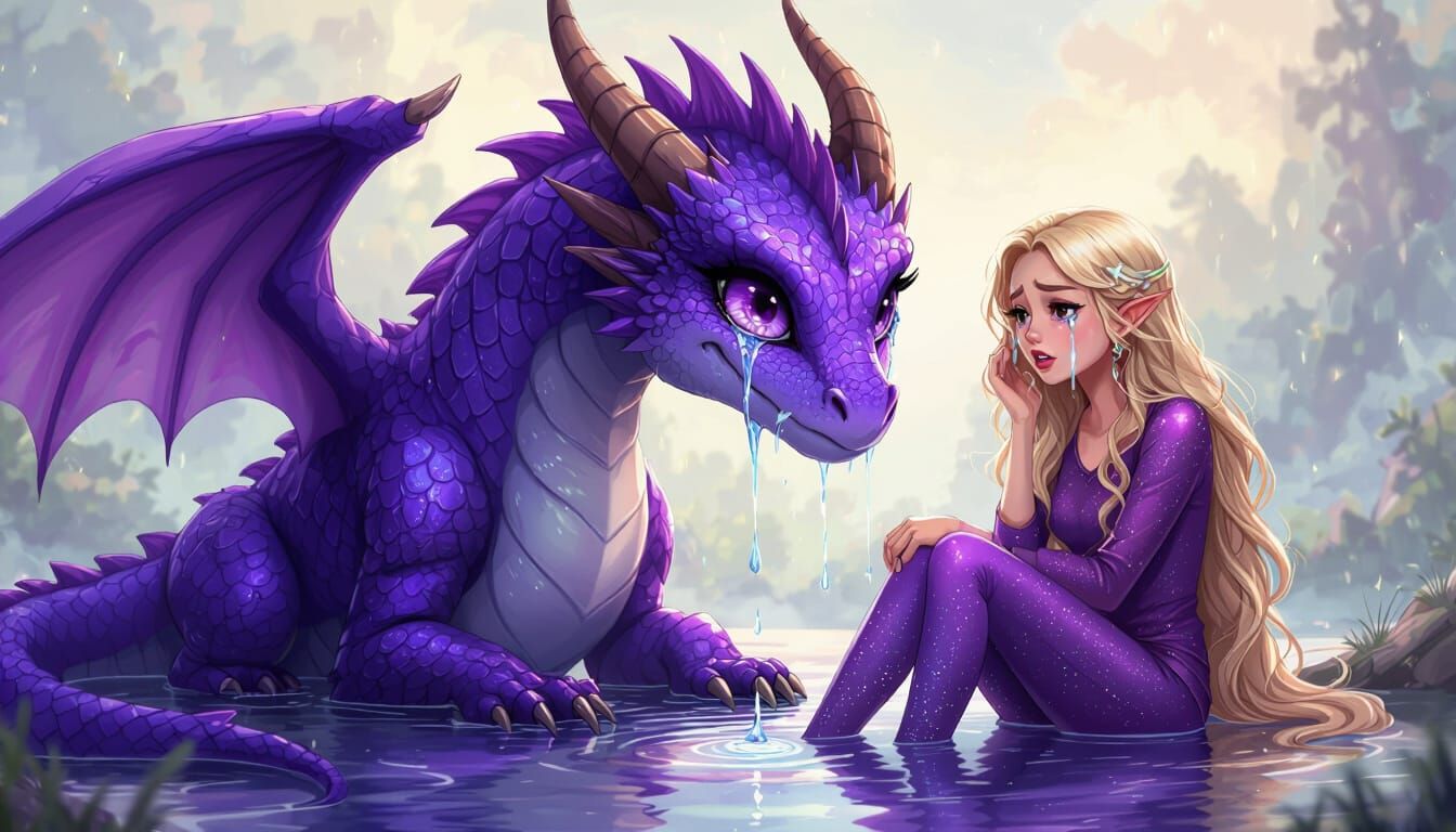 two purple with blue accent coloured female adult dragons with pearlescent purple shimmering reflecting looking wet scales and shiny wings w...
