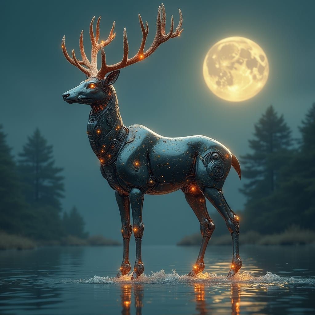 A robot stag made from mechanical parts,  standing in a shallow  moonlit lake with stars showing  in its antlers.