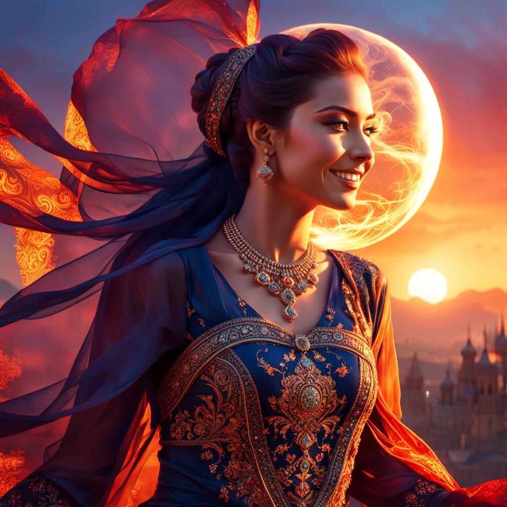 Dreamlike Fantasy Harem Girl in Luminist Sunset