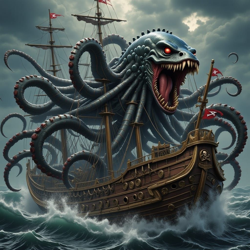 Kraken Attacks Pirate Ship in Stormy Seas