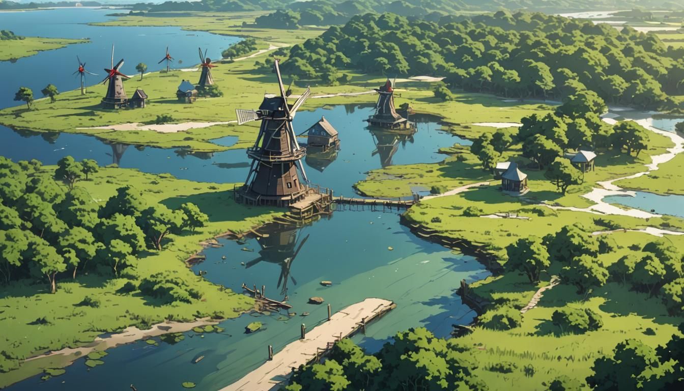 beach, swamp, windmills