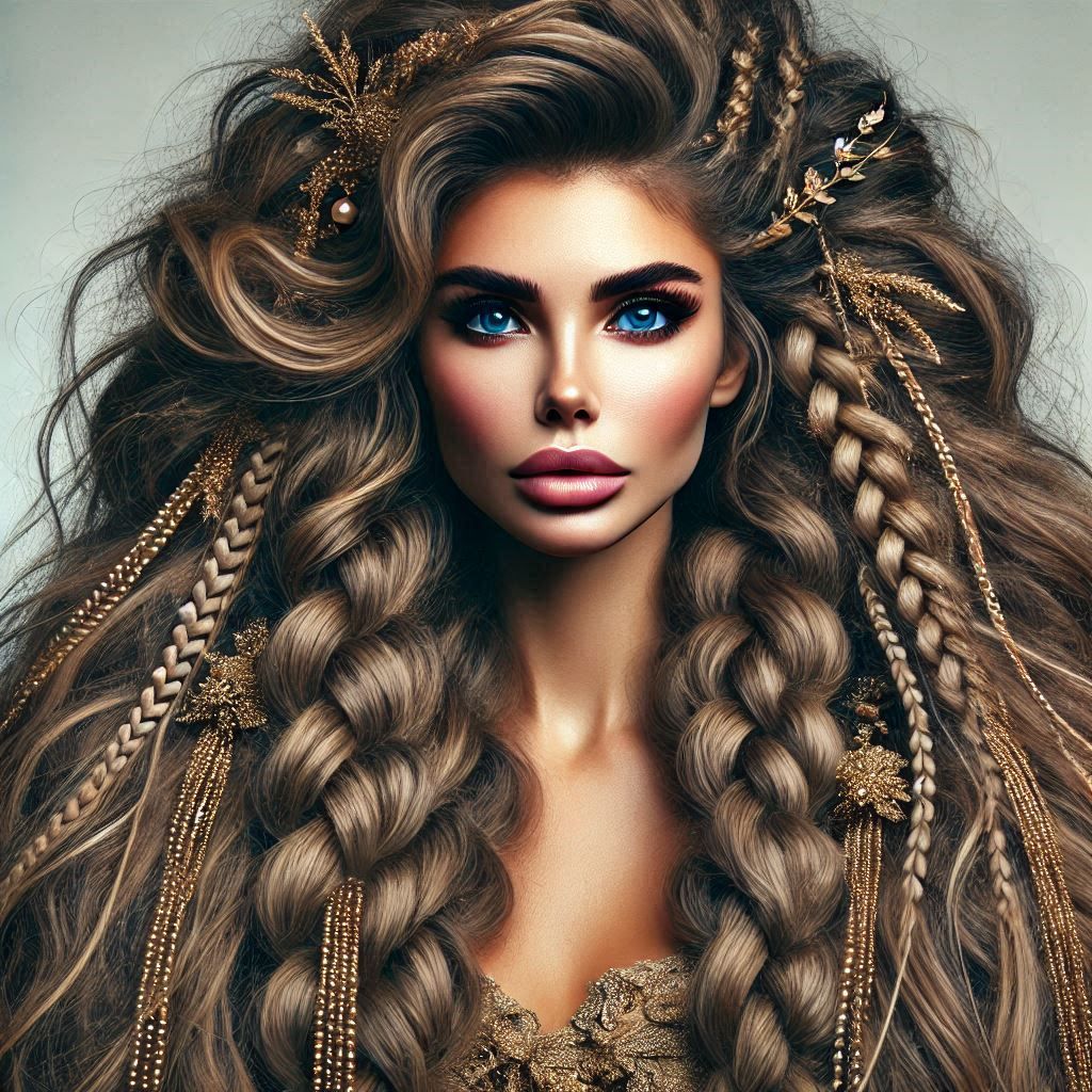 Woman with extravagant, lush, long braided hair