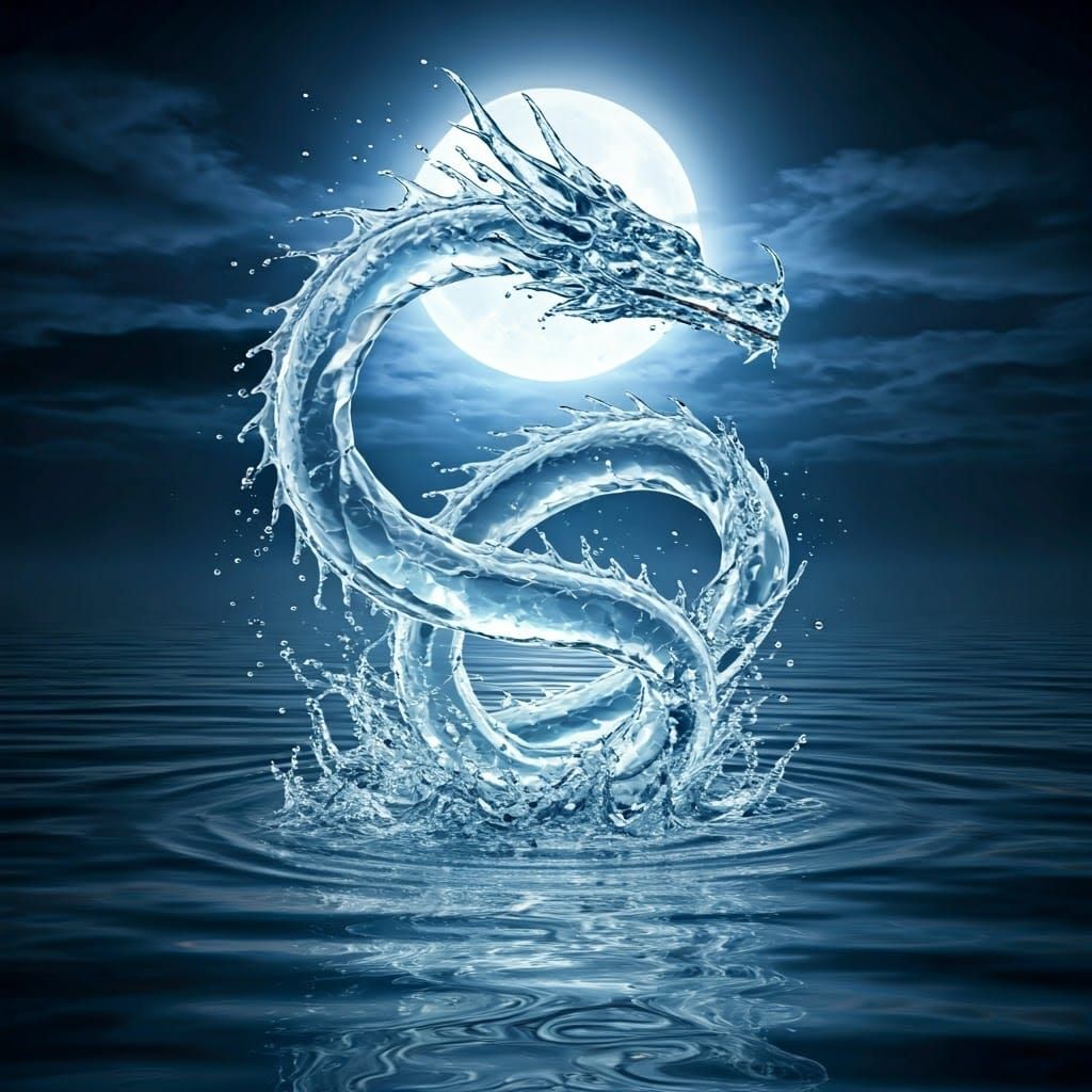 A transparent dragon made entirely of water flies over a night lake. There is a moon in the sky. Drops ...  by @Likra