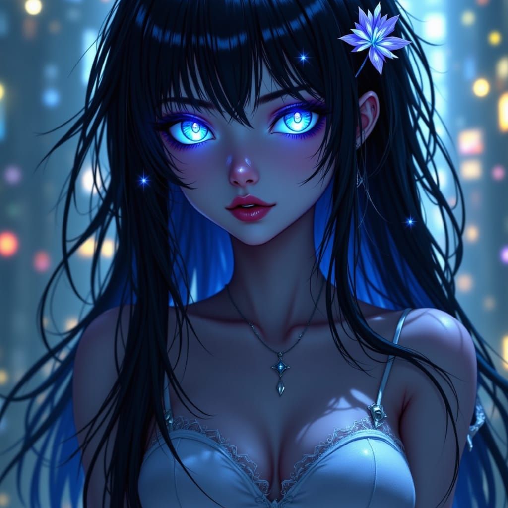 <lora:Refined Serenity Fx:1.0>, crystalline goddess, blue glowing flower eyes, long hair, detailed head and shoulders portrait, detailed int...