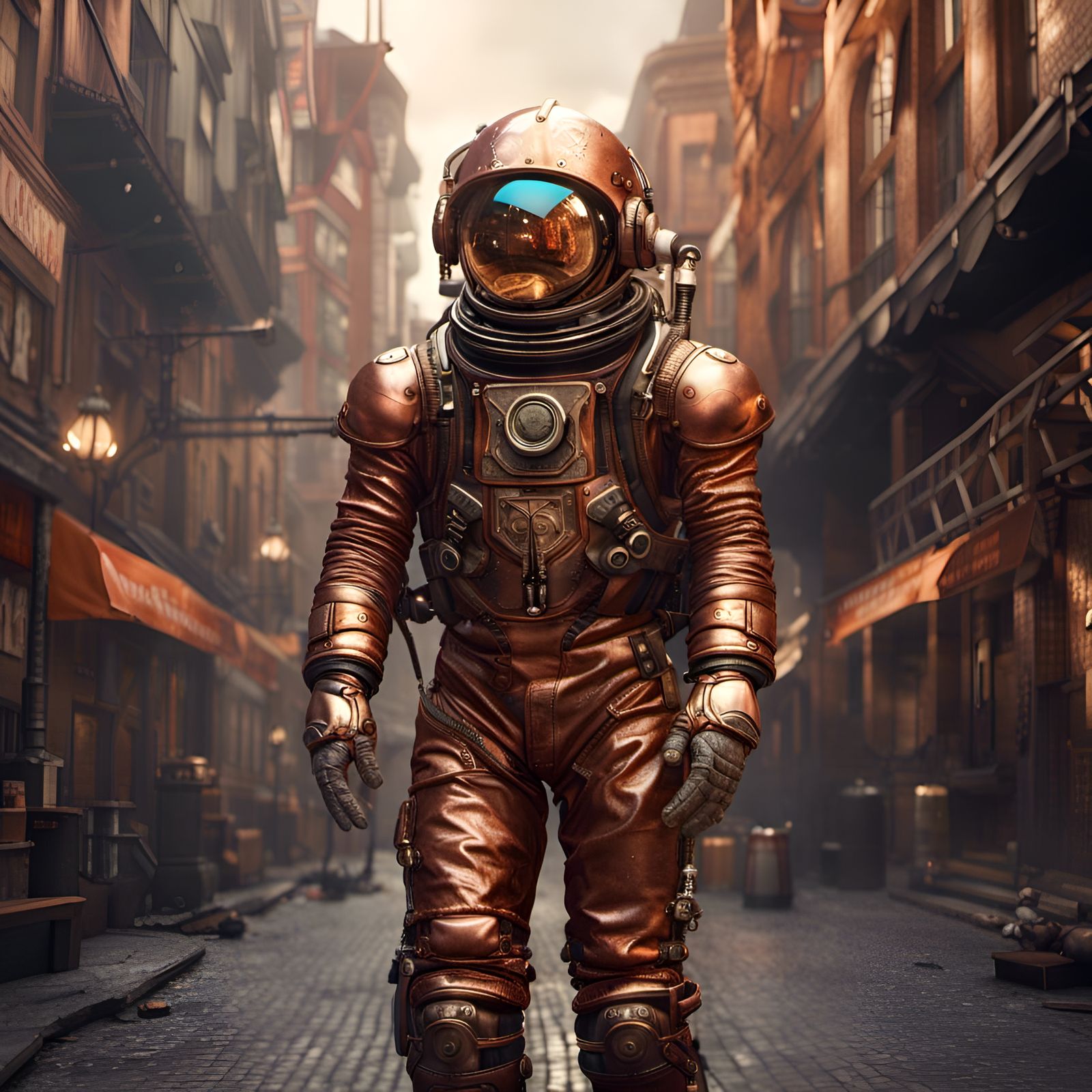 Steampunk Astronaut In A Copper Colored Cityscape Ai Generated