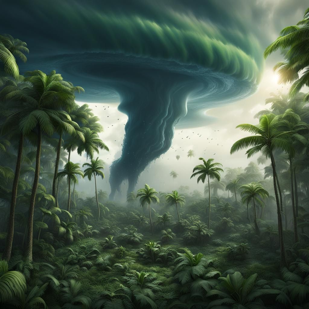 a powerful tornado in the jungle
a hurricane formed a funnel...